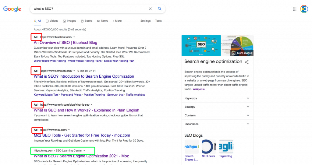 Screeshot example of how organic search engine optimzation can affect search engine results pages